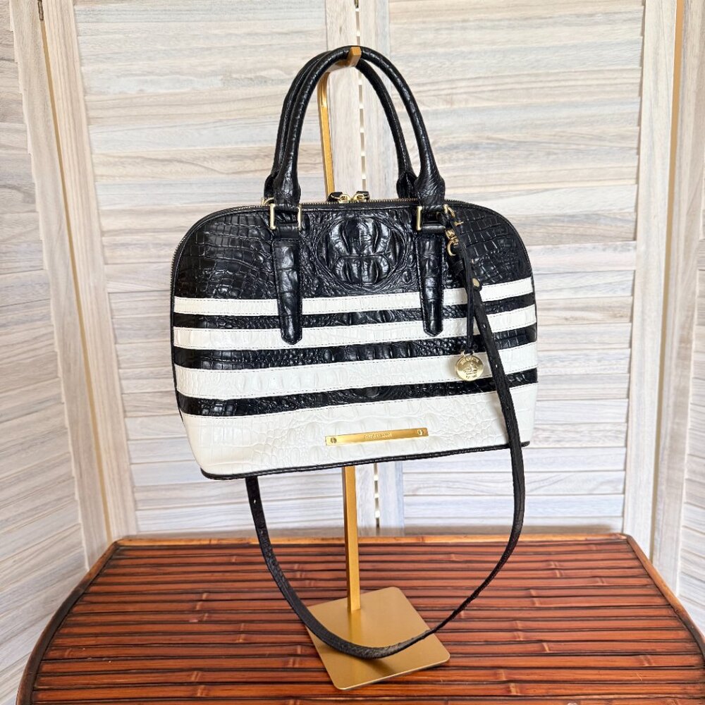 Brahmin | Black & White Striped Satchel | Gold Hardware | Detachable Strap